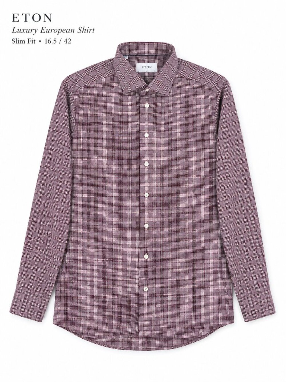 Eton Cotton Burgundy Checked King Twill Dress Shirt 16.5 42